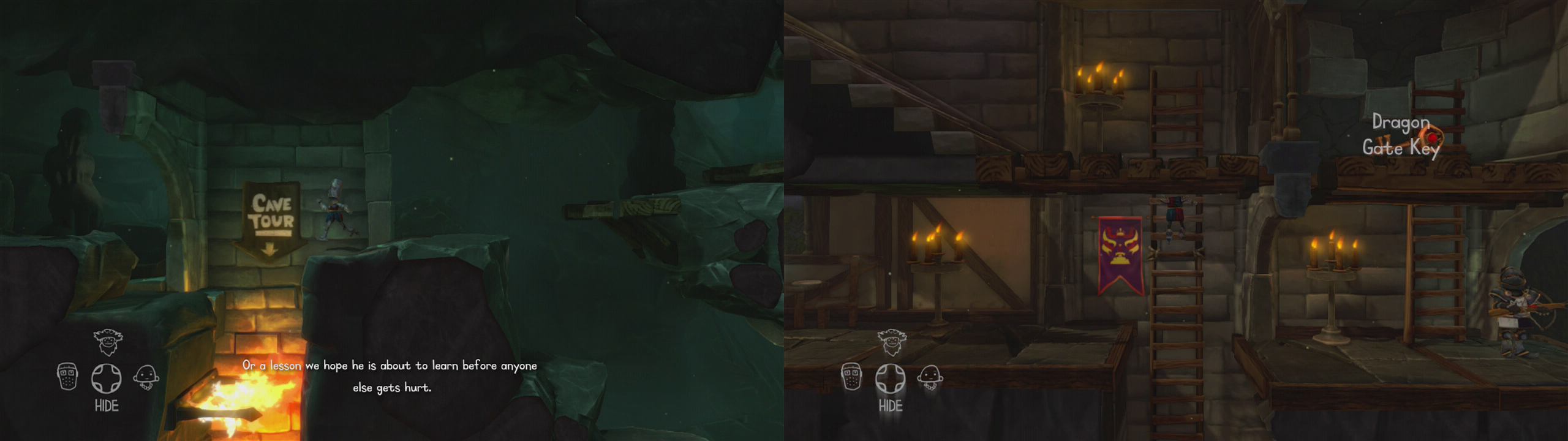 Drop down the flaming pit using the knight’s special ability (left). After speaking to the King and the Princess, continue into the tower (right).