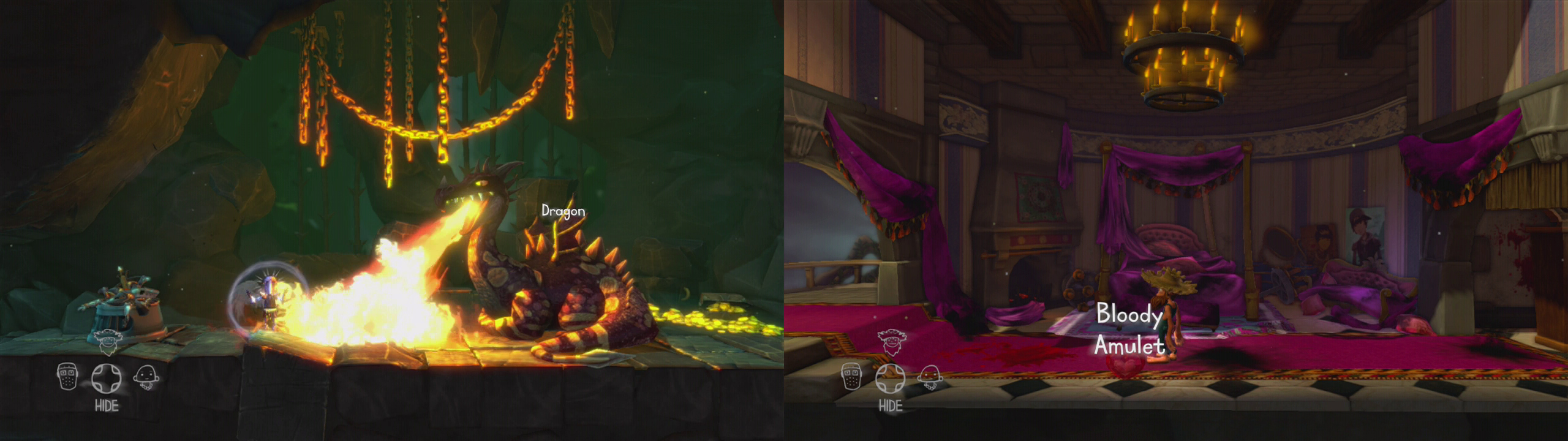Use the knight’s special ability to distract the dragon (left) whilst an ally steals his treasure. Return to the Princess’s Room in the keep for the Bloody Amulet (right).