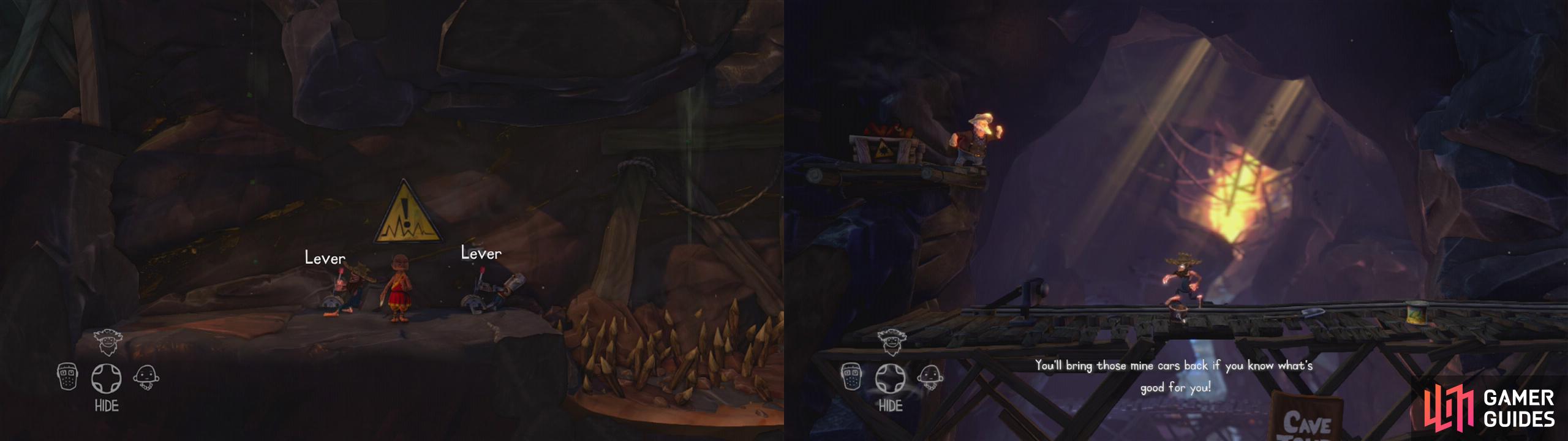 Pull the levers to begin the section (left). Climb all the way to the bottom to meet the irate miner (right).