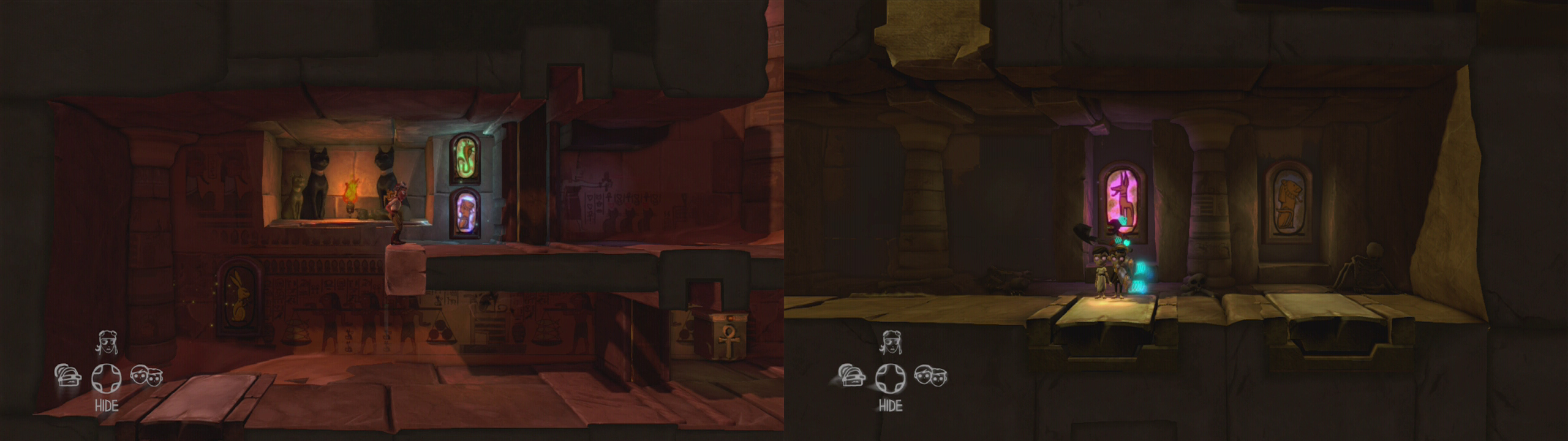 Use the adventurer to spot pictures on the walls (left). The two allies need to step on the relevant pressure plates (right).