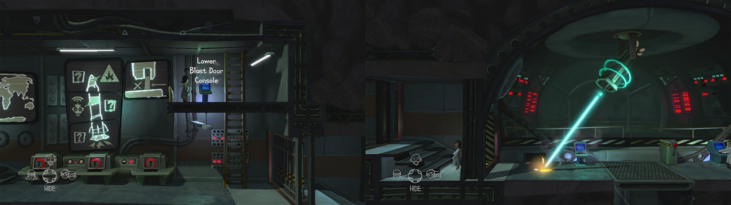 Hack the console in the control room (left). Wait for the laser to move away and then hack the laser console (right).