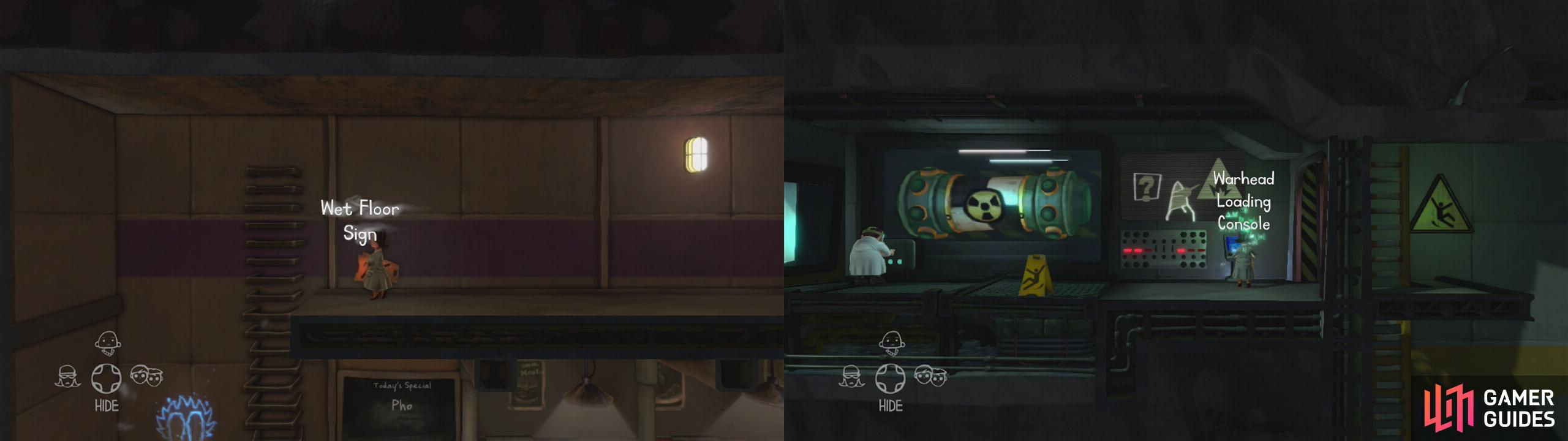 Grab the wet floor sign (left) and then place it next to the scientist pictured (right) and hack the console here.