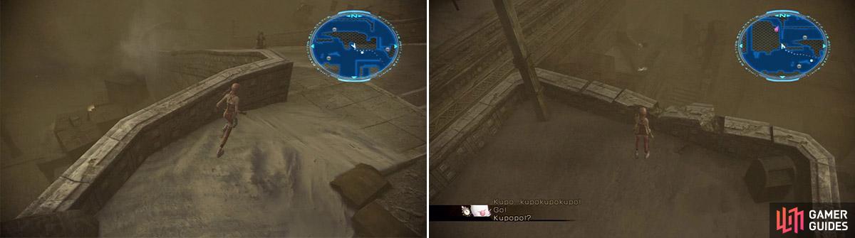 Location of the ‘How Things Were’ Gate Seal (look at the top of the boxes on the left) (left). Location of ‘Flight’ Gate Seal (near moogle’s location) (right).