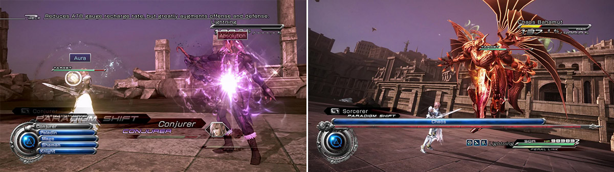 Use Aura when you wish to push for a quick victory or to quickly drive the Chain Gauge higher (left). The status ailments don’t always stick as both Caius and Chaos Bahamut have fairly high resistance until they’re staggered (right).
