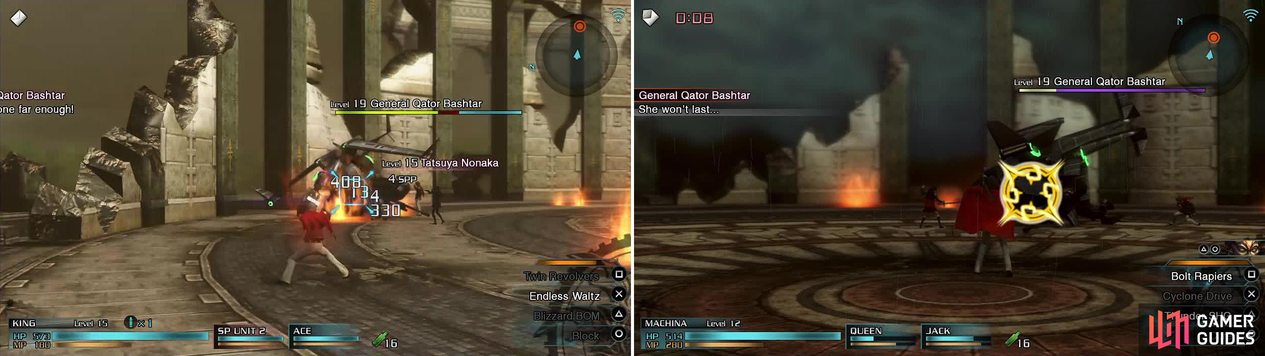 Hit Breaksights (left) to damage Bashtar when he’s on the ground. Once it’s raining, you can make use of his weakness to Thunder magic. Machina is an excellent choice here (right).