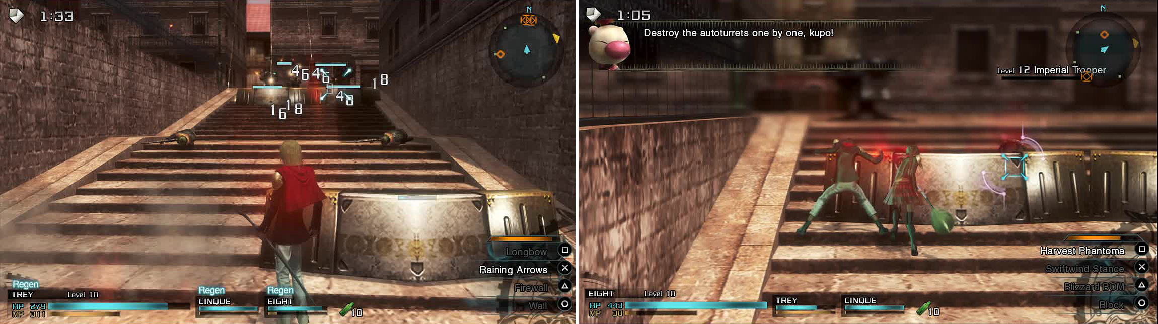 Long-ranged characters like Trey (left) can kill off the enemies behind the barriers with ease. A smart way to destroy them with melee characters is to Harvest Phantoma (right) from enemies dead next to them.