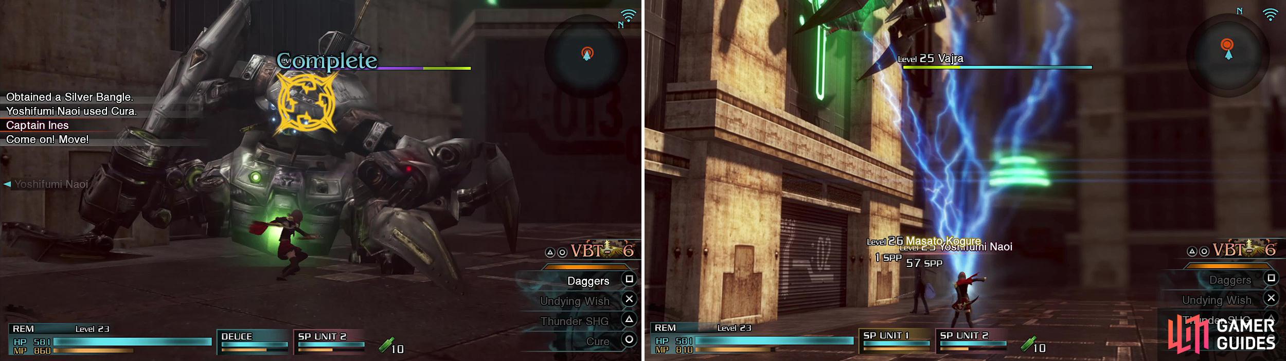 If you inflict a Breaksight or two, you will get repeated Breaksight opportunities (left). When Vajra is on a building, used ranged attacks like Thunder (right) to knock it off.