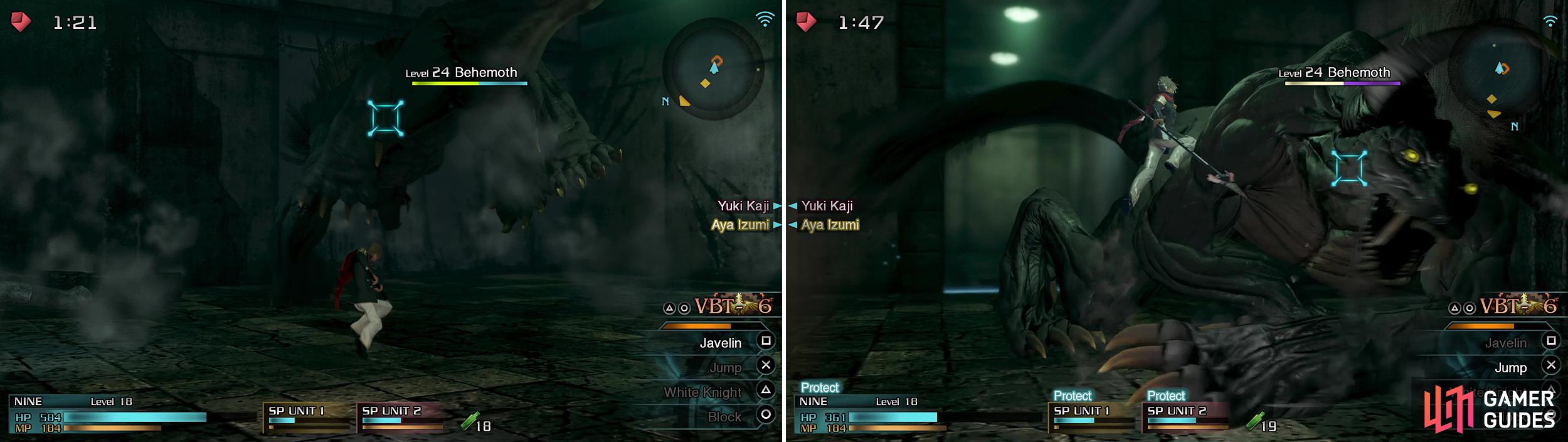 The Behemoth can do a 360 spin (left) to send you all flying. After an attack, you will always get a breaksight opportunity. Jump is excellent if timed correctly (right).
