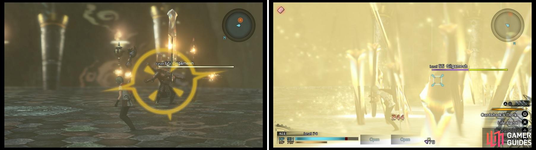When you see Gilgamesh raise his weapons and give off a golden glow (left), be ready to dodge to avoid as much damage as possible when the various weapons come falling down (right).