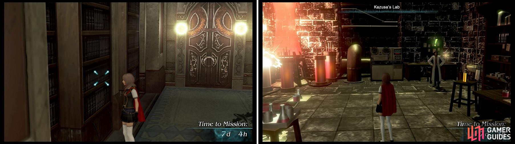 Kazusa’s Lab (once you meet him for the first time) can be found behind a bookcase in the Crystarium (left), but he’s only there when there’s less than six hours on any given day (right).