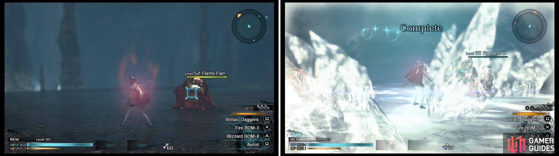 The Flame Flans (left) you will encounter shortly are a lot higher in level than the suggested one. For the SO you will get against them, any ice-elemental attack will do (right).
