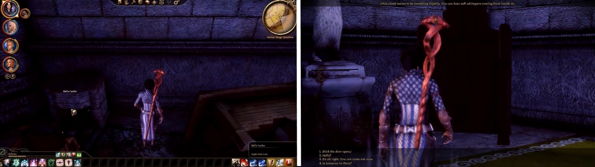 You can find Bel’s Cache in this chest (left). Godwin is found in the closet here after you clear out the demons.