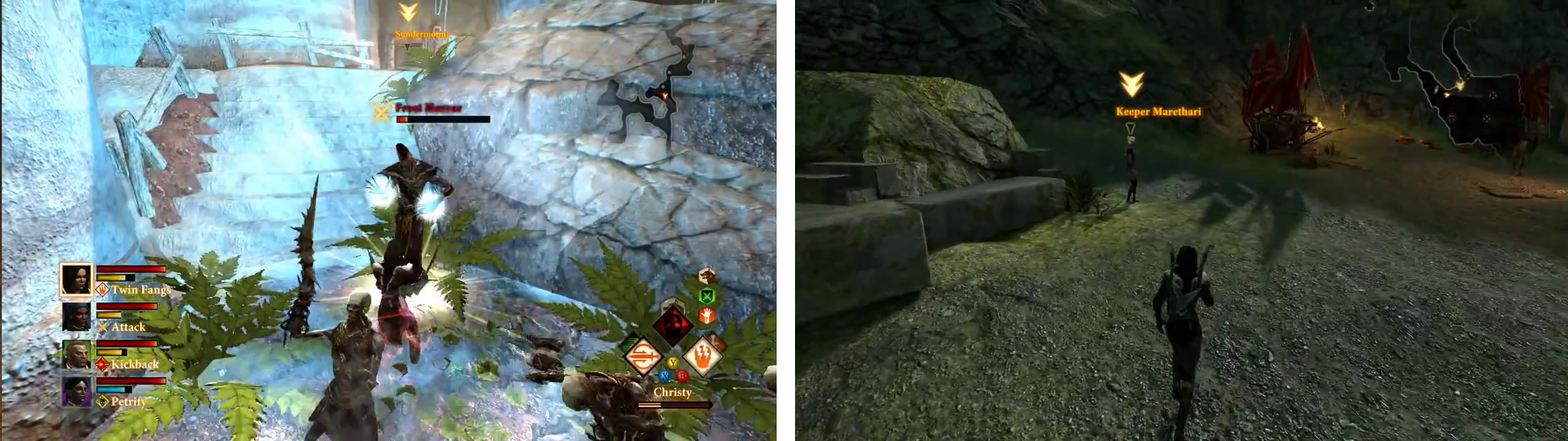 Fight your way back to the entrance (left). Return to the Keeper to hand in the quest (right).