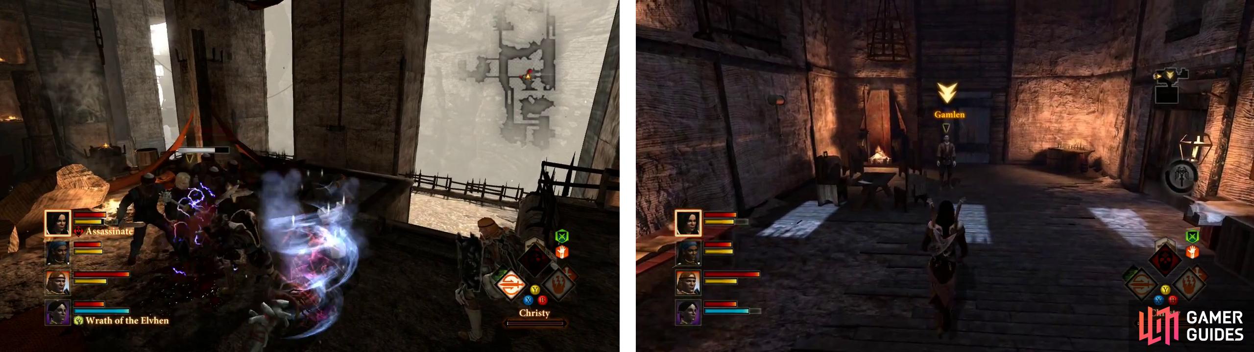 Defeat Mekel and co. (left) and then return to Gamlen (right).