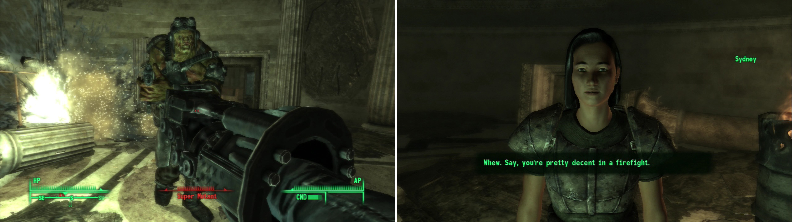 Help Sydney defend the rotunda from the Super Mutant onslaught (left), then discuss how the two of you will go about looting the National Archives building (right).