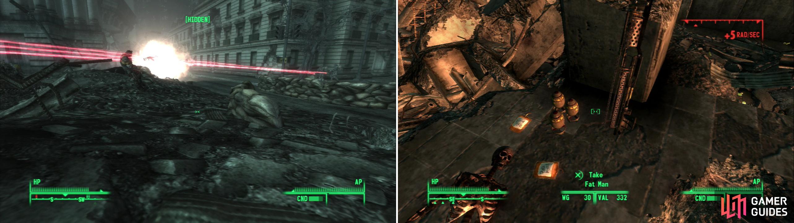 The Brotherhood defends their position in Pennsylvania Avenue (left). Brave the heat to score some loot near the ruins of the White House (right).