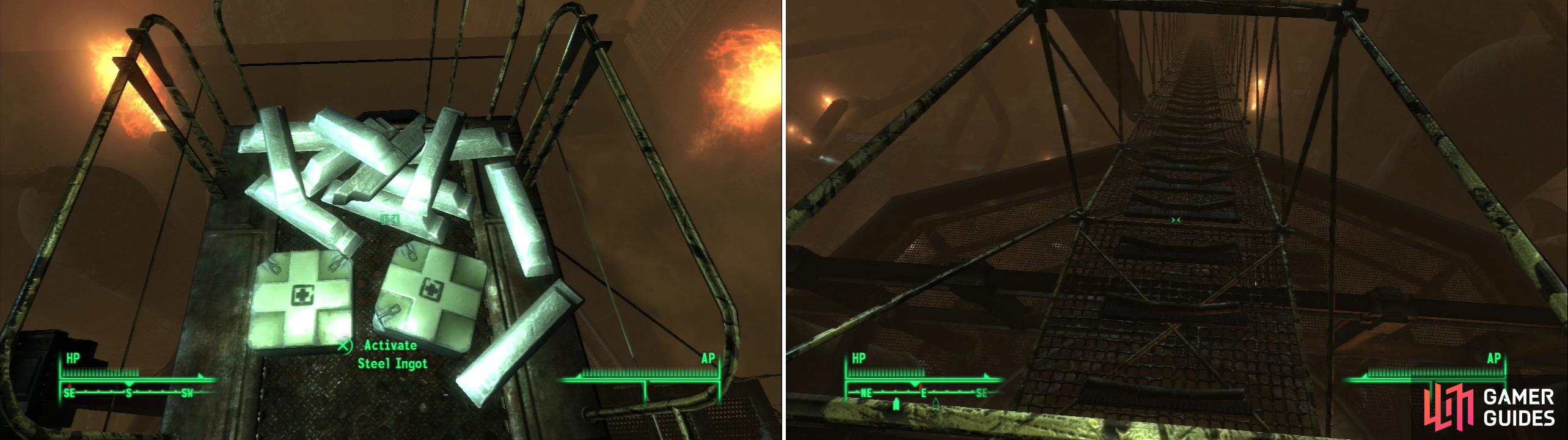 Reach the highest extant part of the Steelyard to score a whopping twelve Steel Ingots (left). Once you’re done looting, climb down a ramp to score even more ingoty goodness (right).