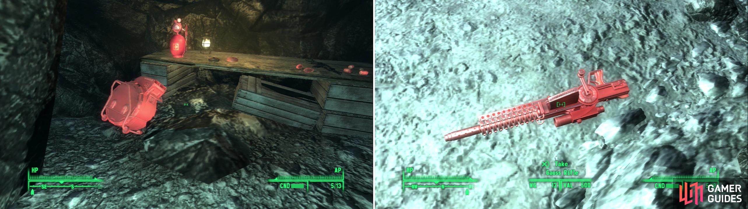 Ammo and health dispeners replenish your ammo and heatlh, respectively (left). Be sure the grab the Gauss Rifle dropped by the paratrooper (right).