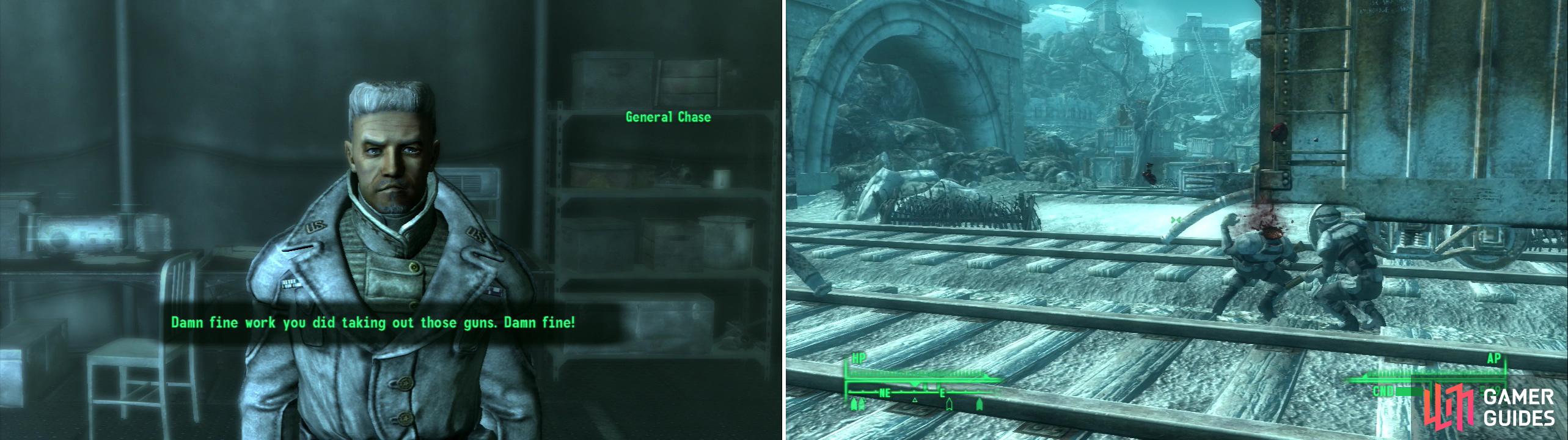 General Chase will commend you on your fine work when you appear (left). Collect your kit, then head towards your first objective. Be wary, however, snipers lurk about (right).