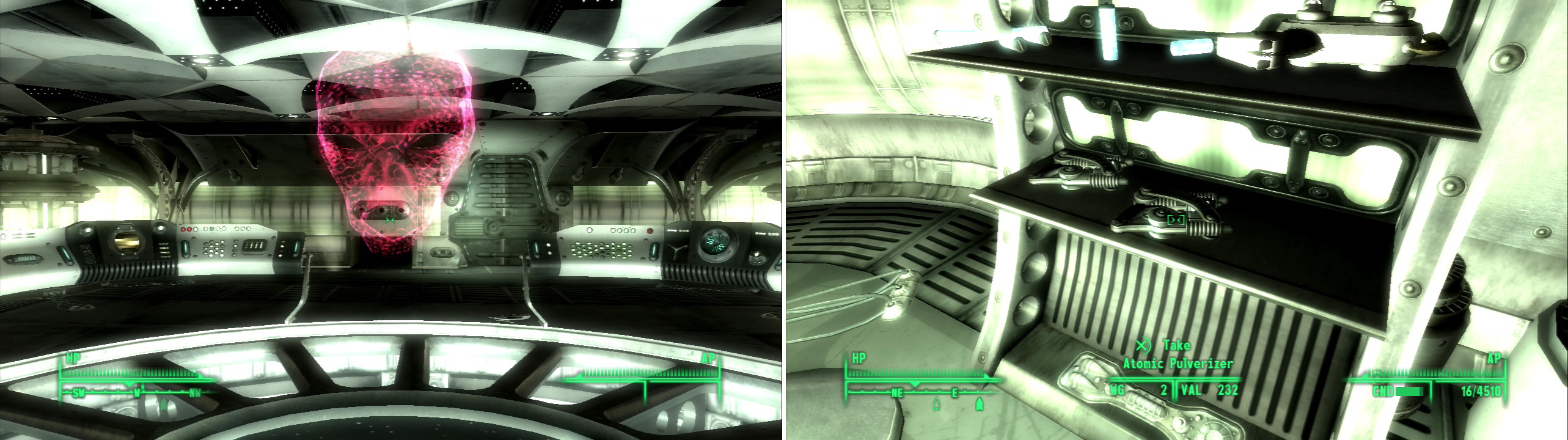 A disembodied alien shows up to issue some idle threats (left). Little does he know, we already destroyed our own planet! The Alien Pulverizer is a significant upgrade over the standard alien sidearm (right).