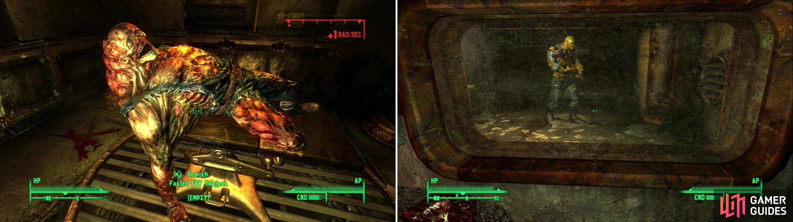 As hideous as Super Mutants are, failed F.E.V. mutations are even more wretched (left). Fawkes is one of the few sane Super Mutants you’ll find (right), and the Super Mutant’s inherent immunity to radiation might just come in handy…