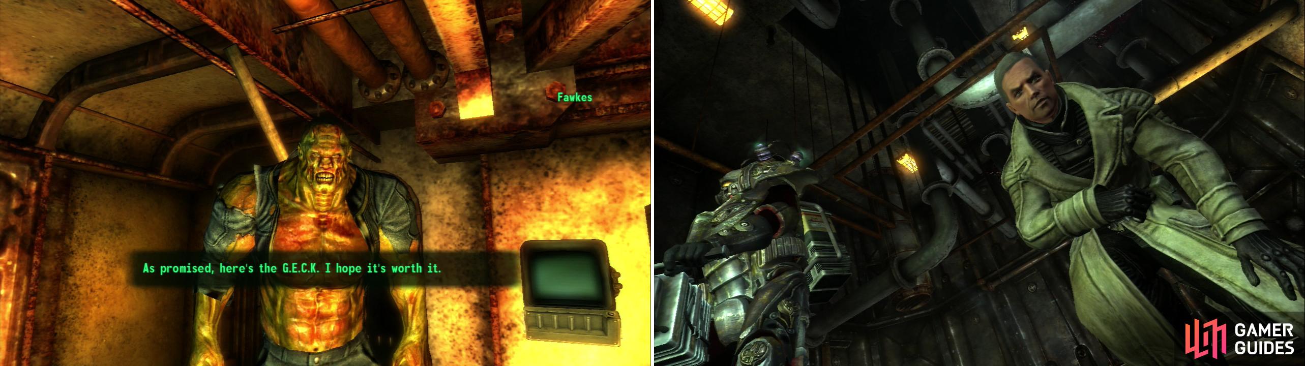 If you free Fawkes, you can send the Super Mutant to recover the G.E.C.K. for you (left). Unfortunately, the Enclave was waiting for you to do all the dirty work so they can claim the G.E.C.K. (right).