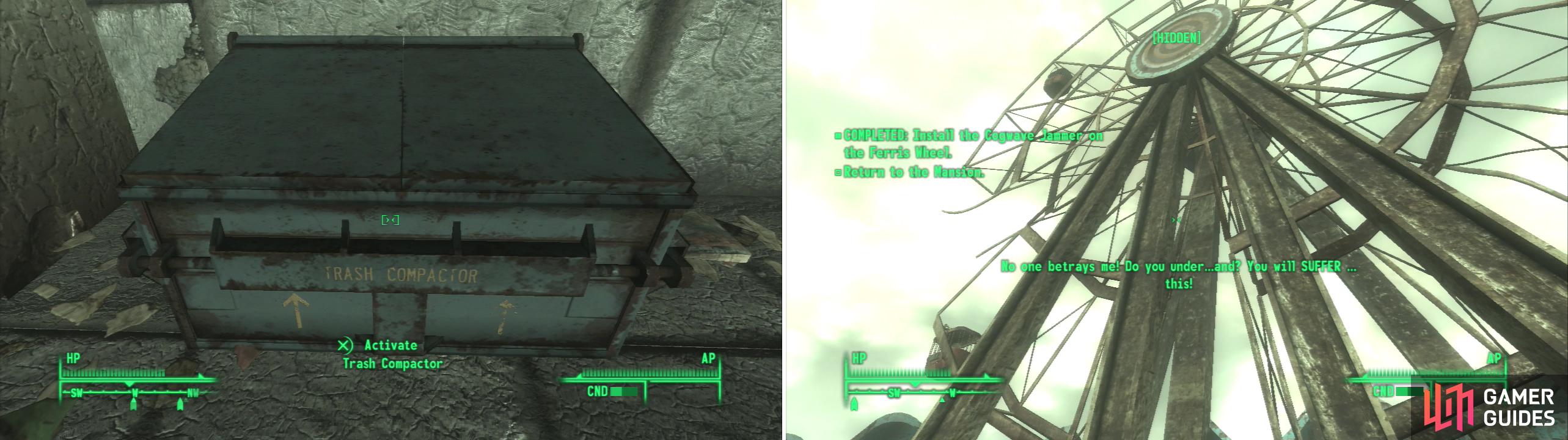 Either toss Desmond’s Cogwaver Jammer in the trash compactor to side with Calvert (left) or attach it to ferris wheel to disrupt Calvert’s control over the Tribals (right).