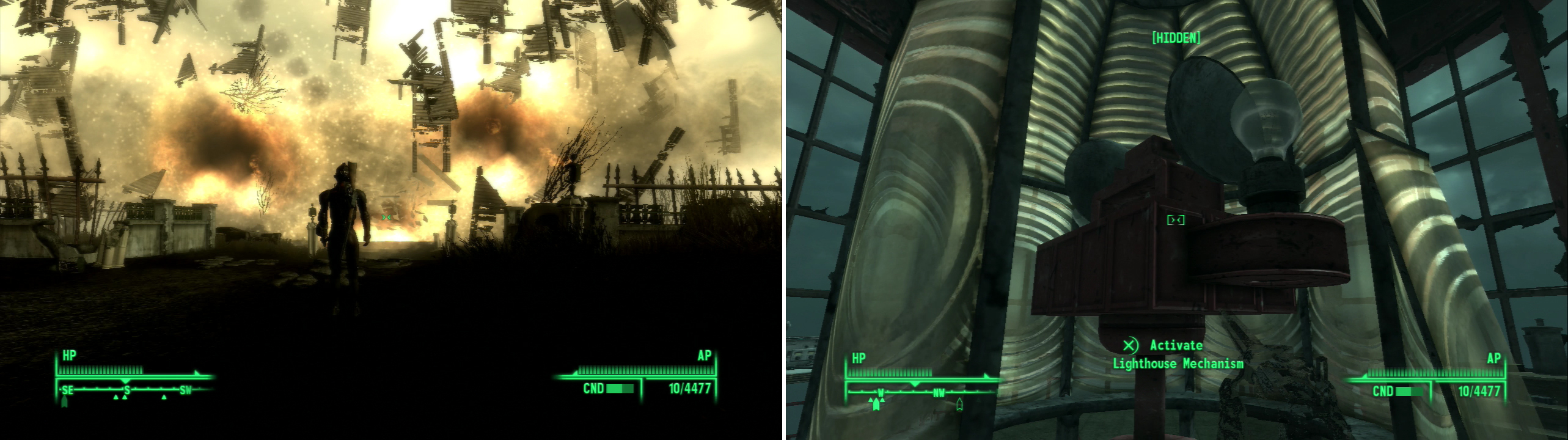 The Desmond-Calvert feud intensifies explosively (left). On your way to Calvert’s hideout, be a good samaritan and replace the Lighthouse Bulb (right).