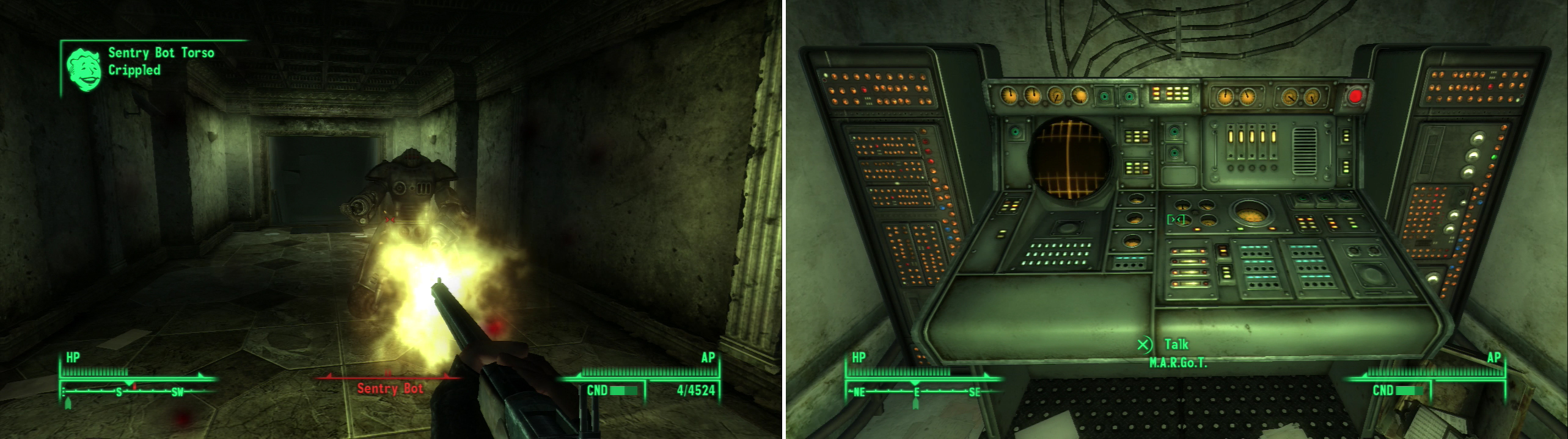 These intact metro tunnels are patrolled by powerful robots and turrets… (left) probably a large reason why they’re still intact. M.A.R.Go.T., the computer in charge of these tunnels (right), will tell you about a breach that must be cleared before normal operations can be restored.