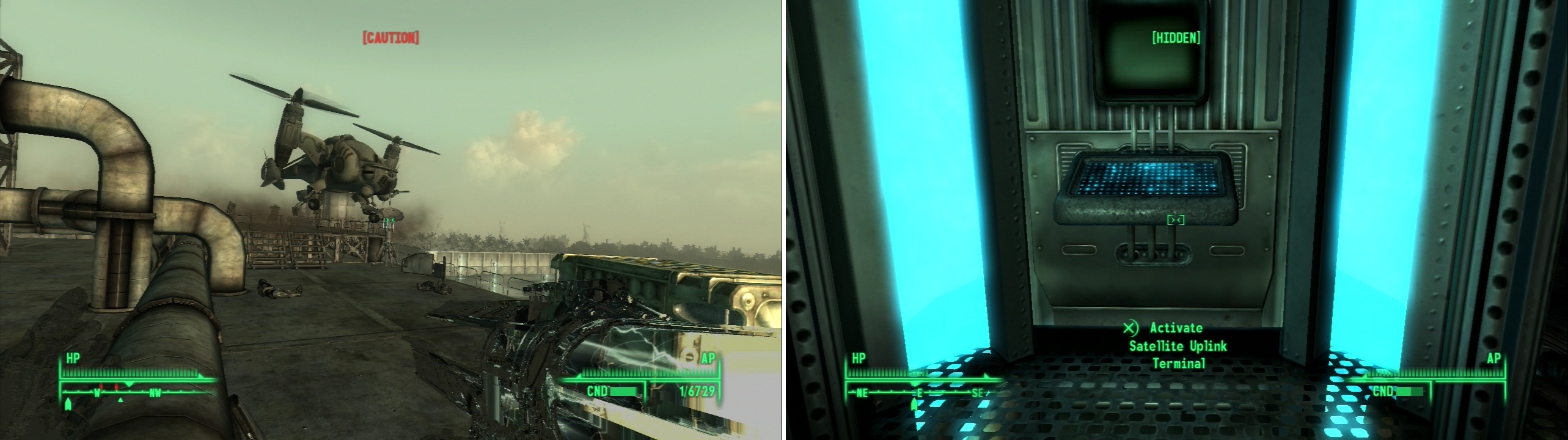 Vertibirds will drop Enclave reinforcements on the roof in a last-ditch effort to stop you (left). Access the Satellite Uplink Terminal and choose your target… (right)
