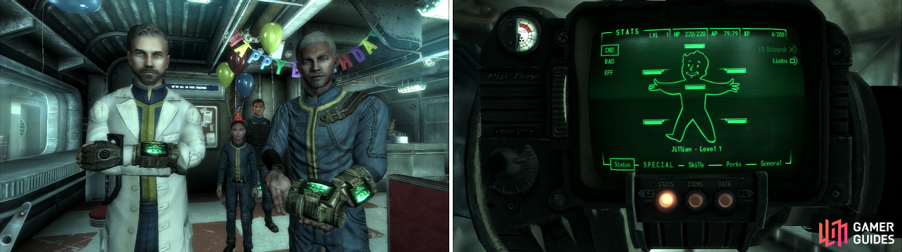 You are presented with the Pip-Boy 3000 (left), an indispensible tool that you’ll be using quite a bit over the course of the game (right).