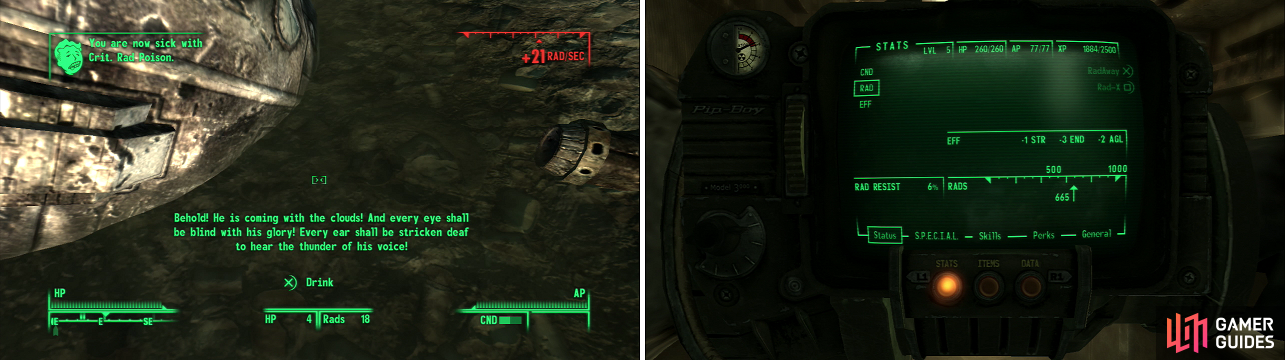 All you have to do for Moira’s first task is catch some Rads, which is pretty easy in Fallout 3. Drink some irradiated water, courtesy of Megaton’s resident warhead (left), and when you hit 600 Rads, you’ll be good to glow (right).