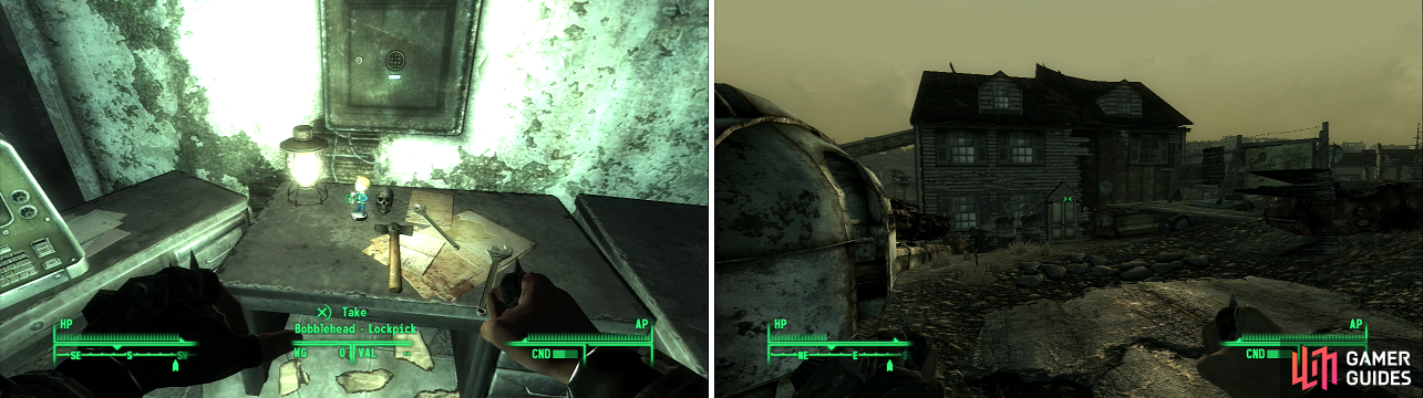 The Bobblehead - Lockpick (left) is your prize for clearing the Bethesda Ruins. The Raid House (right) looks peaceful enough… but looks can be decieving.