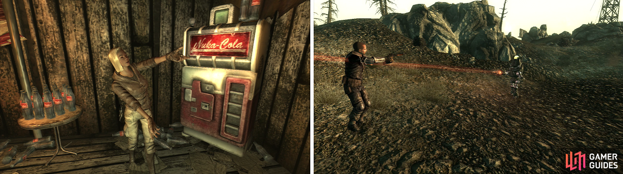 Sierra definitely likes her Nuka-Cola (left). Ronald Laren, despite how tough he acts, isn’t up to the challenges the Wasteland presents (right)