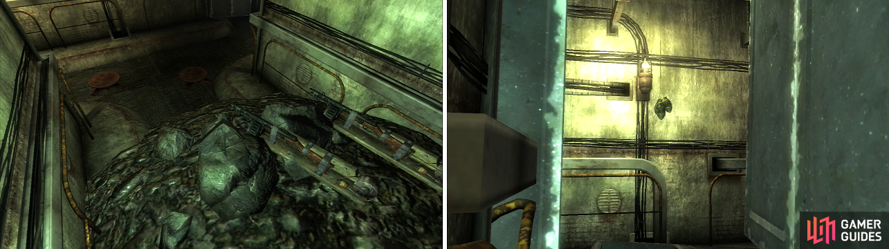 Pressure plates rigged to Combat Shotguns (left) are one of many traps you’ll find here. Carefully move the metal barrel to find the grenade bouquet that awaits the unwary (right).