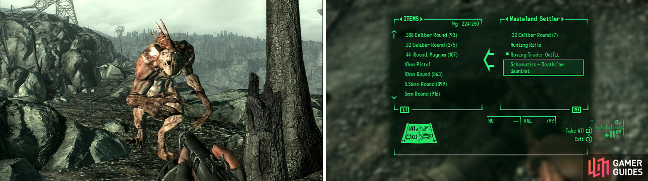 Deathclaws are powerful foes (left), but if you can kill it, the Wasteland Settler is preyed upon can be looted for the Schematic - Deathclaw Gauntlet (right).