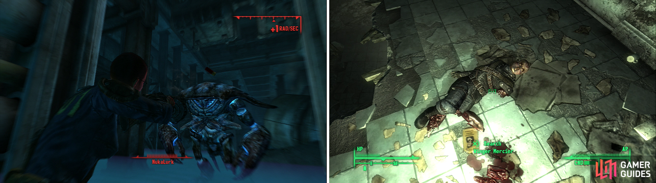 Considering what happens to Mirelurks who nest in Nuka-Cola contaminated waters (left), the stuff probably isn’t safe to drink. Winger Mercier clearly failed in his mission (right).