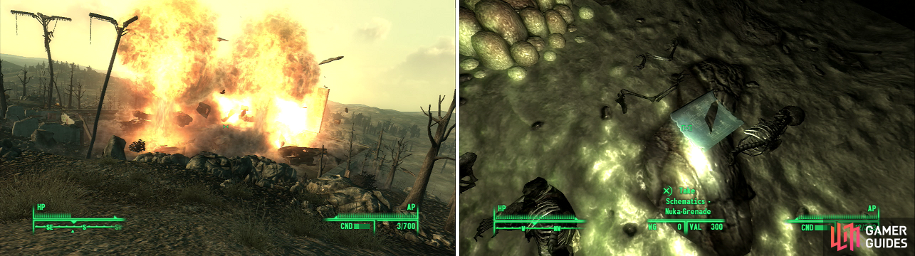 Utilize the volatility of parked cars for your own destructive purposes at the Overlook Drive-in (left). If you brave both Raiders and Yao Guai, you can score this Schematic - Nuka-Grenade (right).