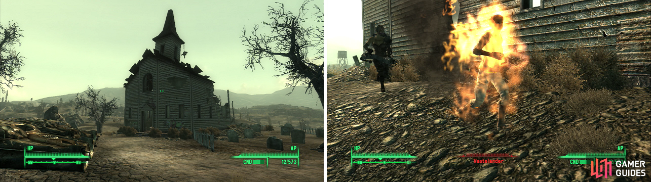 This church looks serene enough from afar (left), but as usual in the Wasteland, looks can be deceiving (right)