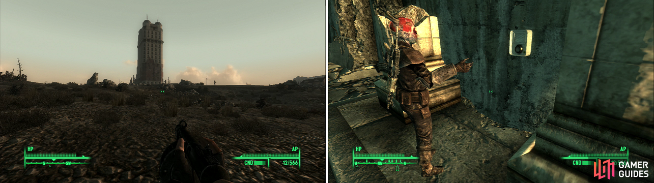 Tenpenny Tower dominates the skyline of the western Wasteland (left), but it isn’t open to everyone (right).