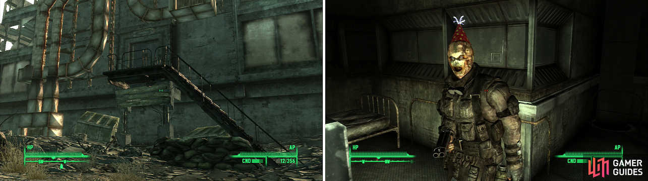 The Talon Company camp near Megaton can be difficult to find, if you don’t know where to look (left). Don’t let the Party Hat fool you, Gallo is not a friendly Ghouls (right).