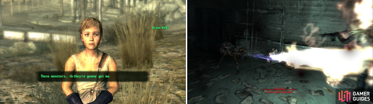Bryan Wilks claims “monsters” destroyed his home (left). That doesn’t excuse him from being the most annoying NPC in the game. The pests infesting Grayditch are only too willing to show off why they’re called “Fire Ants” (right).