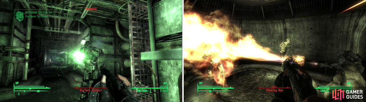 Although they have superior technology, the Enclave can be defeated with conventional weapons (left). Survive the Ghoul assault and escape the Taft Tunnel (right).