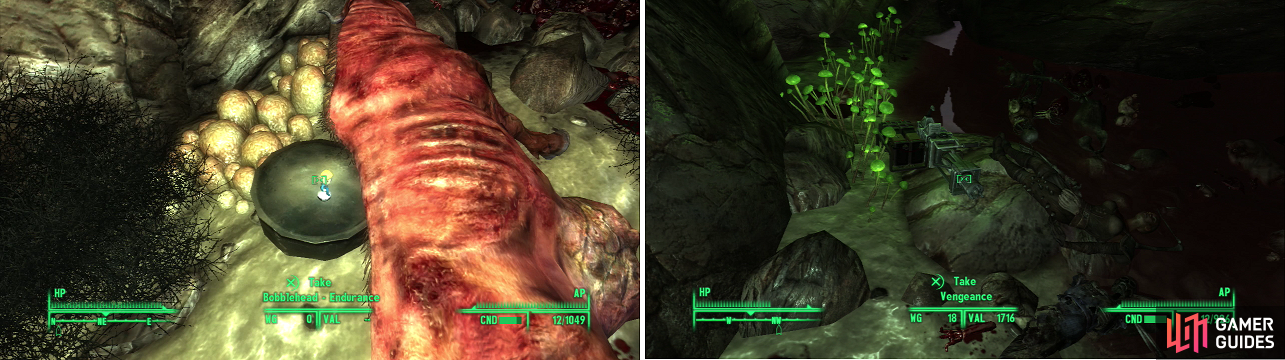 Grabbing the Bobblehead - Endurance doesn’t require you to venture too deep into the Deathclaw Sanctuary (left), but there are prizes in the depths worth obtaining (right).