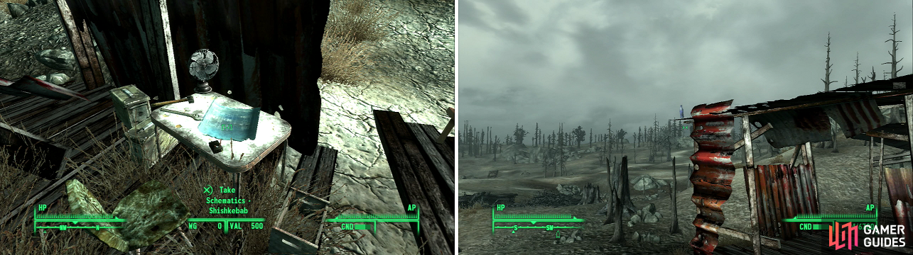 Grab the Schematic - Shishkebab off the Workbench (left) then shoot the Nuka-Cola Quantum off the roof (right).