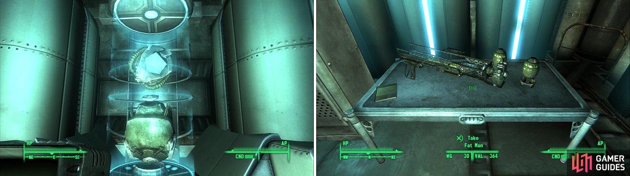 The T-51b Power Armor is the most valuable prize you’ll find in Fort Constantine… well, worth stealing a few keys for (left). A Fat Man, some Mini-Nukes, and a D.C. Journal of Internal Medicine aren’t a bad score, either (right).