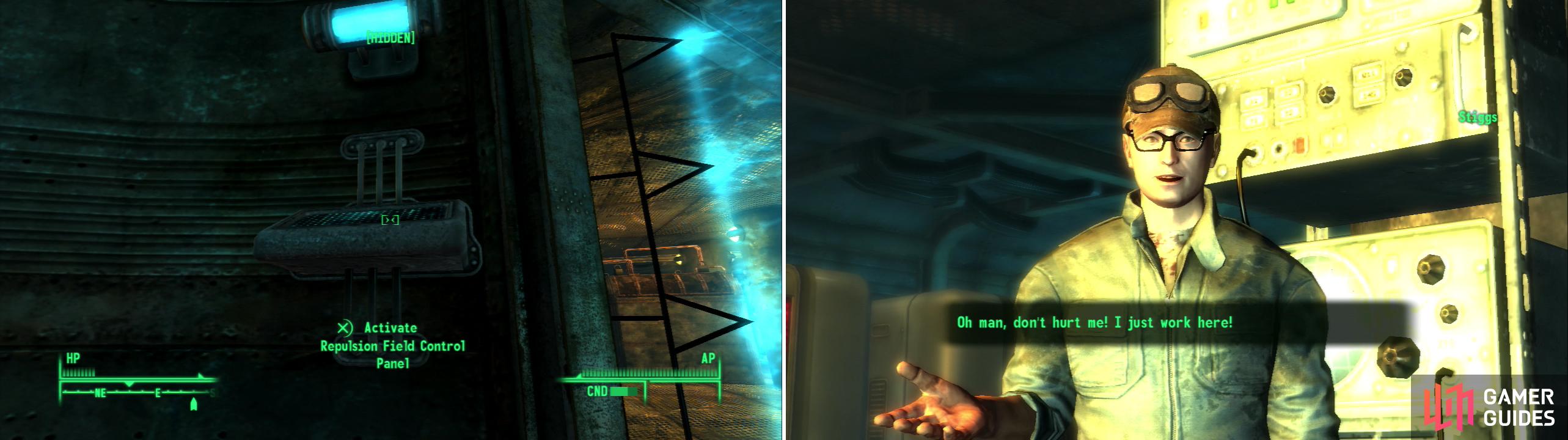 Navigating the Mobile Crawler will be easier if you have a high Science score, thanks to the Repulsion fields scattered about (left). Stiggs works for the Enclave against his will-if you have the Robotics Expert perk, he’ll pass on some useful information (right).