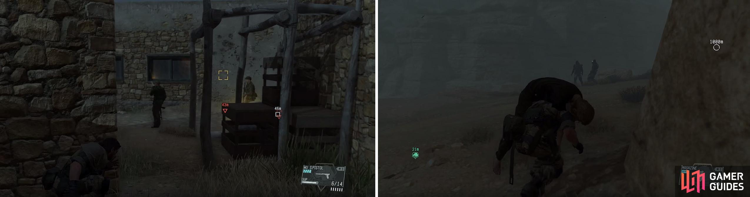 As you approach the building with Miller inside, watch out for guard patrols (left). When the Skulls appear, creep by the ones near the bridge (right) by creating a distraction.