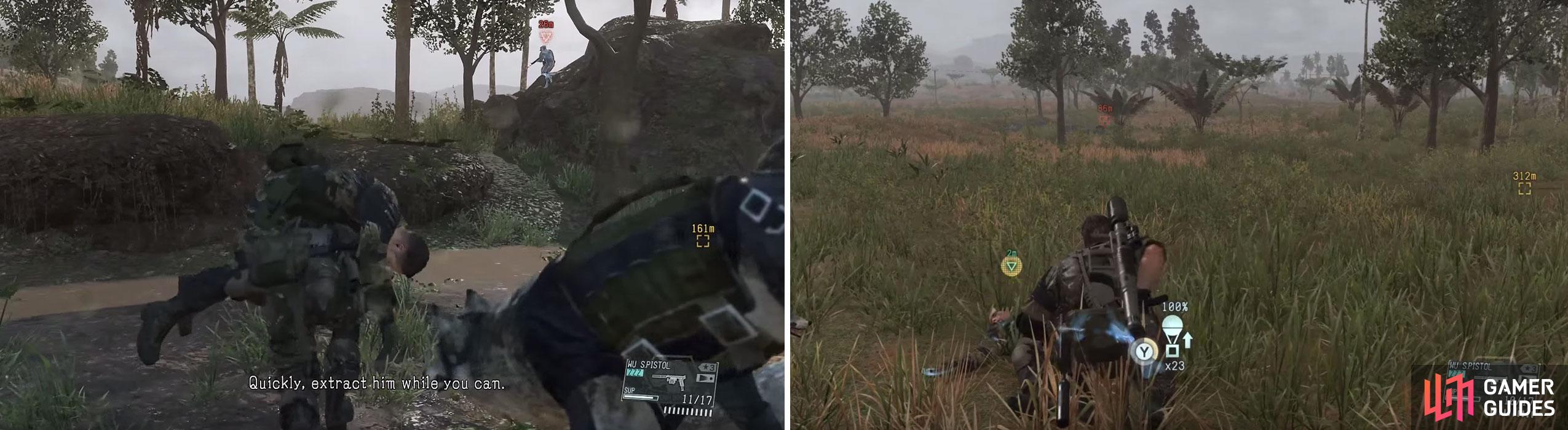 The first soldier’s location (left) whom you should to a safe location and then extract him (right).