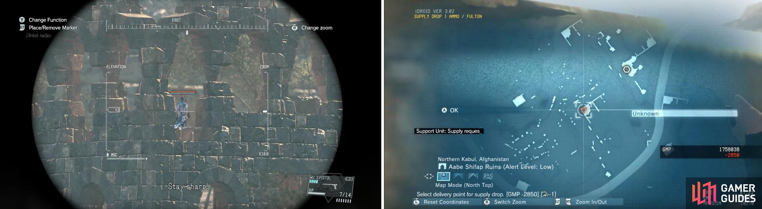 Locate Quiet using your sniper rifle or scope (left). Use the map to request a supply drop at Quiet’s location (right).